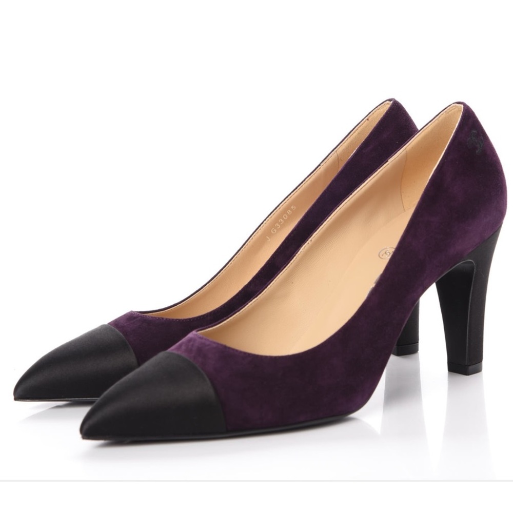 Auth CHANEL purple suede satin black cap point toe pumps heel NEW Gabrielle Coco - Picture 9 of 17
